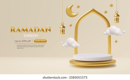 Ramadan podium 3d realistic sale background vector design with gold and white crescent, stars, lanterns, clouds and floating stage with arch. 