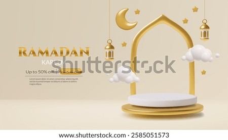 Ramadan podium 3d realistic sale background vector design with gold and white crescent, stars, lanterns, clouds and floating stage with arch. 