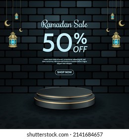 Ramadan podium for advertising. Islamic black colorsocial media post template brick concept. Eid al fitr sale banner greeting card. Vector 3D illustration