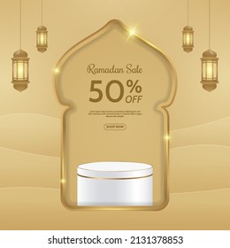 Ramadan podium for advertising. Islamic social media post template. Eid al fitr sale banner greeting card. Vector 3D illustration