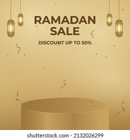Ramadan Podium For Advertising. Islamic Social Media Post Template. Eid Al Fitr Sale Banner. Vector 3D Illustration