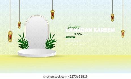 Ramadan-Podium auf blauem und braunem Hintergrund, mit Podium, Laterne, Wolke und Blattelementen, geeignet für Aktivitäten zur Förderung islamischer Produkte
