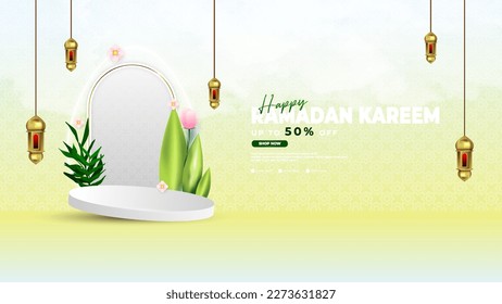 Ramadan podium background in blue and brown, with podium, lantern, cloud and leaf elements, suitable for Islamic product promotion activities