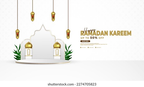 Ramadan podium background in white and gold, with lantern, leaf, mosque and podium elements, suitable for Islamic background activities