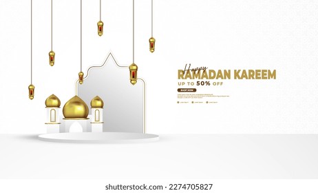 Ramadan podium background in white and gold, with lantern, mosque and podium elements, suitable for Islamic background activities