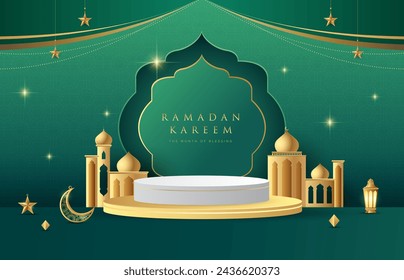 Ramadan Podium Ramadan Kareem design on green Islamic background with gold ornament star, moon, mosque, lanterns and podium. Suitable for raya and ramadan template concept.