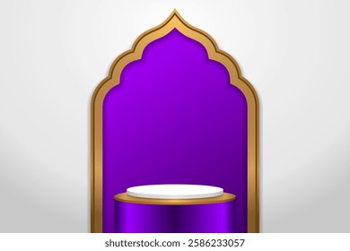 Ramadan podium in purple and gold with white wall background