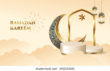 Ramadan podium stage for display product with Crescent moon and lantern decoration. Islamic theme vector background.