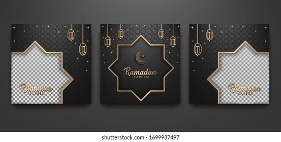 Ramadan post template, social media post template, square flyer and banner, celebrations in the month of Ramadan, black background, vector illustration.