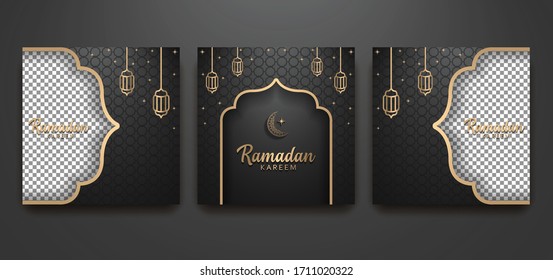 Plantilla de publicación de Ramadán, plantilla de publicación de medios sociales, volante cuadrado y pancarta, celebraciones en el mes de Ramadán, fondo negro, ilustración vectorial.