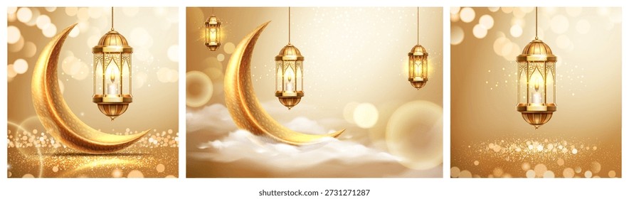 Ramadan poster with crescent moon and glowing lanterns. Vector traditional Islamic ornaments and decorative motifs with candles and clouds in golden bokeh sky. Greeting cards and festive design