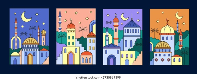 Ramadan poster. Eid Mubarak geometric design. Islamic colorful line art. Mosque silhouette, traditional building. Muslim moon modern landscape. Linear graphic color. greeting tidy cards set
