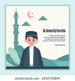 Ramadan poster flat design, hand drawn illustration, for social media greeting needs