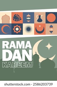 Ramadan poster or greeting card with minimalist style design and there are some icons that identical with Islam