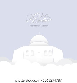 Ramadan-Plakat mit Moschee- und Papiertüchern, weichem Design und arabisch-madhanischer Schrift