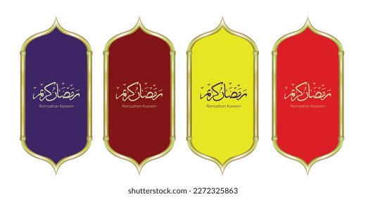 ramadan poster set design with gold window border and ramadan calligraphy. vector illustration
