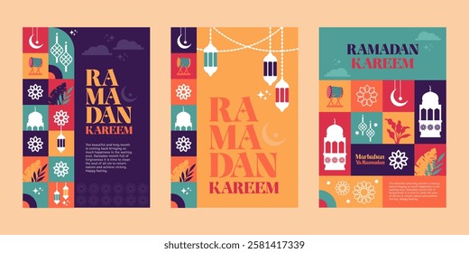 ramadan poster set pattern and silhouette colorful illustration