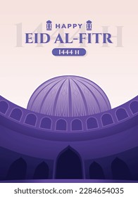 Afiches de Ramadán. Eid Al-Fitr. Venta de Ramadán. Tema del Eid al-Fitr con el concepto de una cúpula de mezquita morada. ilustración vectorial