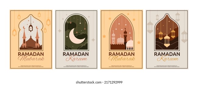 Afiches de Ramadán. Patrón de marco lunar de Eid mubarak, diseño de tarjeta árabe moderno mínimo con linternas musulmanas. Mezquita nocturna con luna y media luna musulmana. Conjunto de fondo del vector abstracto