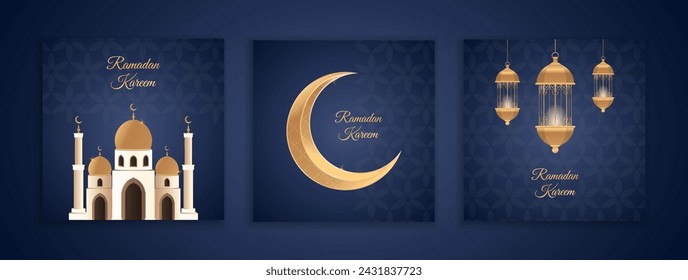 Afiches de Ramadán con luna y lámpara. Feliz Ramadán Kareem. Color árabe de la noche con la mezquita islámica del medio oriente. Cubierta