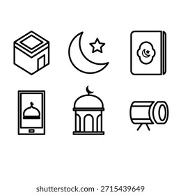 Conjunto de íconos de oración de Ramadán con mezquita lunar y App móvil