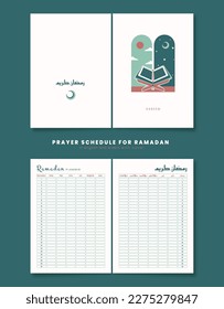 Ramadan prayer schedule in English and Arabic with illustration of open Koran and rosary. Vector minimal design in format A4 for brochure ready for print