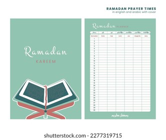 Ramadan prayer schedule in English and Arabic with illustration of open Koran and rosary. Vector minimal design in format A4 for brochure ready for print