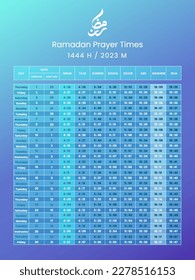 Ramadan Prayer Time Template Design 1444 H - 2023 M. Calendar Imsakiyah Schedule Ramadhan Kareem Vector Illustration
