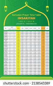 Ramadan Prayer Times 2022 Calendar Template. Islamic Hijri 1443 and Sehri Iftar Time Schedule in Jakarta Indonesia