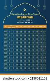 Ramadan Prayer Times 2022 Design Template Full Customizable. Calendar Islamic Hijri 1443 Imsakiyah and iftar schedule.