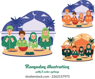 Ramadan Prayers of a Muslim Family: Suhoor and Iftar Party with Family During Ramadan Month, Happy Fasting For Moslem, Eat Together With Moslem Family, Ramadhan kareem and Eid Mubarak