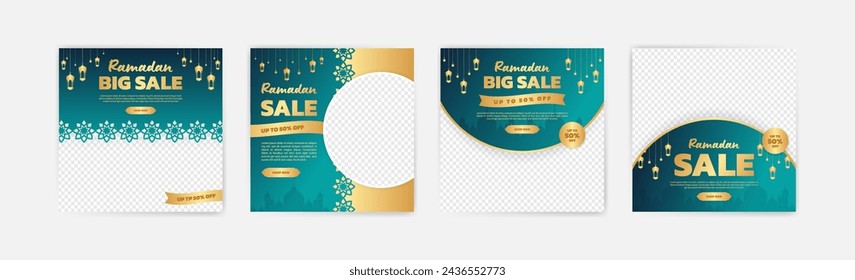 Ramadan promotional banners feature detailed lanterns, stars and mosque silhouettes, perfect for increasing sales