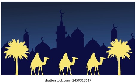 ramadan ramadhan kareem background mosque, camel, palm tree, desert moon crescent, arches windows, eid mubarak greeting card background	