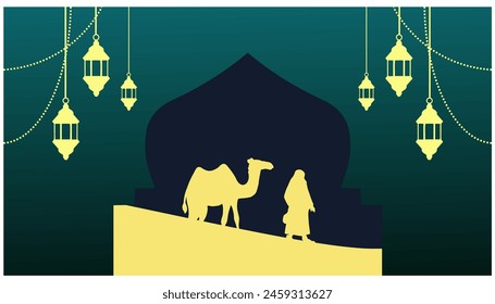 ramadan ramadhan kareem background mosque, camel, palm tree, desert moon crescent, arches windows, eid mubarak greeting card background	