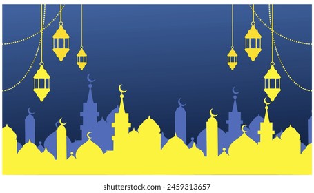 ramadan ramadhan kareem background mosque, camel, palm tree, desert moon crescent, arches windows, eid mubarak greeting card background	