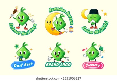 Ramadan Raya hand drawn cute retro ketupat sticker set with pelita oil lamp, crescent moon, lantern, stars, green packet and ketupat. Holiday festive cartoon character label collection.