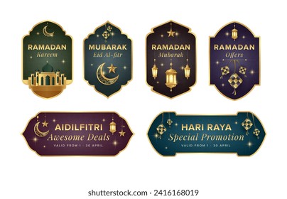 Colección de etiquetas de estilo islámico Ramadan Raya con mezquita, luna creciente, estrellas, linterna y ketupat. Juego de etiquetas premium festivas. Ilustración vectorial.