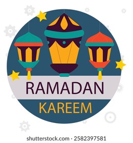 Ramadan Raya Islamic style label collection with mosque, crescent moon, stars, lantern and ketupat. Holiday festive premium label set