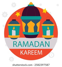 Ramadan Raya Islamic style label collection with mosque, crescent moon, stars, lantern and ketupat. Holiday festive premium label set