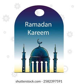 Ramadan Raya Islamic style label collection with mosque, crescent moon, stars, lantern and ketupat. Holiday festive premium label set