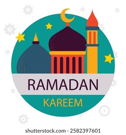 Ramadan Raya Islamic style label collection with mosque, crescent moon, stars, lantern and ketupat. Holiday festive premium label set