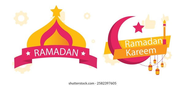 Ramadan Raya Islamic style label collection with mosque, crescent moon, stars, lantern and ketupat. Holiday festive premium label set