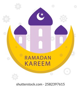 Ramadan Raya Islamic style label collection with mosque, crescent moon, stars, lantern and ketupat. Holiday festive premium label set