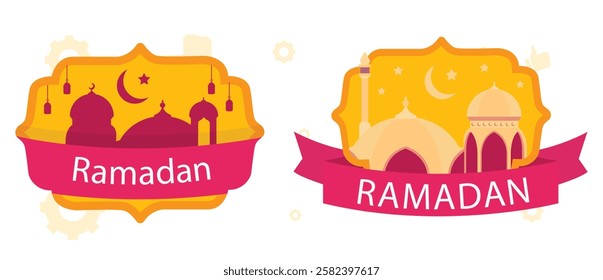 Ramadan Raya Islamic style label collection with mosque, crescent moon, stars, lantern and ketupat. Holiday festive premium label set