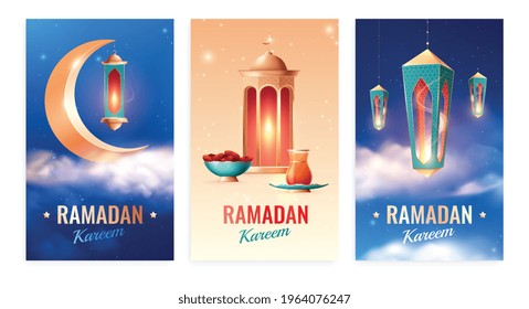 Ramadan-realistische Karten, bestehend aus drei vertikalen Kompositionen mit Himmelshintergrund, verziertem Text und orientalischen Laternen, Vektorgrafik