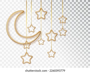 Ramadan realistic golden crescent moons with hanging stars isolated. Ramadan Kareem 3d design element for muslim holidays isolated