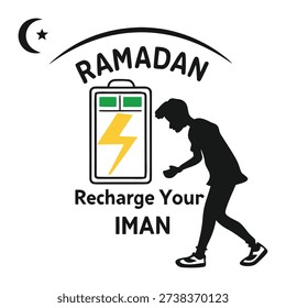 Ramadan recharge your iman creative islamic motivational typography with battery and silhouette illustration