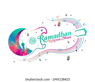 Ramadan religious music with crescent moon and musical notes - Vector illustration.