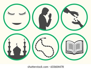 Ramadan rules signs. Some actions recommend during month of patience. Ramadan etiquette tips illustration. Stock vector.