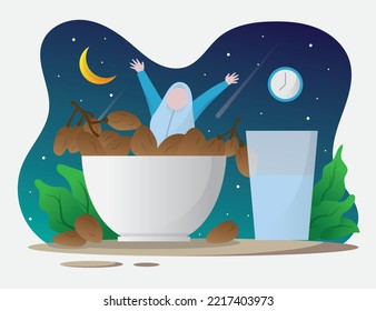 Ramadan Sahur And Iftar Party, Eat Together With Muslim Family, Ramadan Fasting Illustration